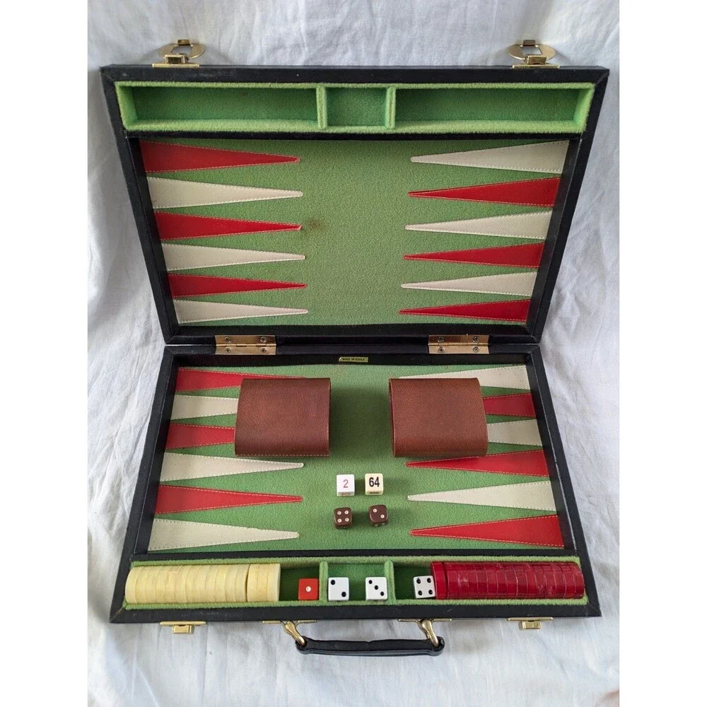Vintage Backgammon Marbled Cream Red Checkers Grooved Chips Set w Extras